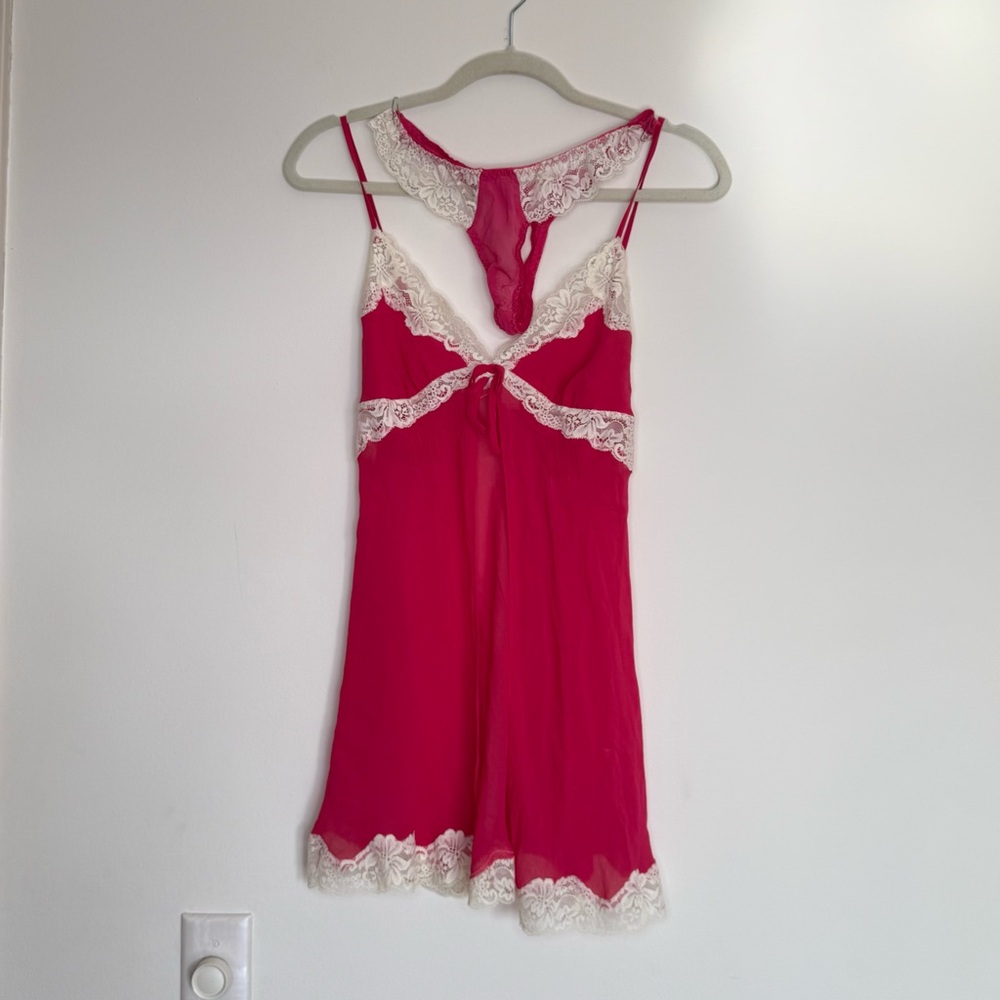 Victoria's Secret Pink and Cream Lace Chemise Set Sexy 2 Piece Cami Panty Small